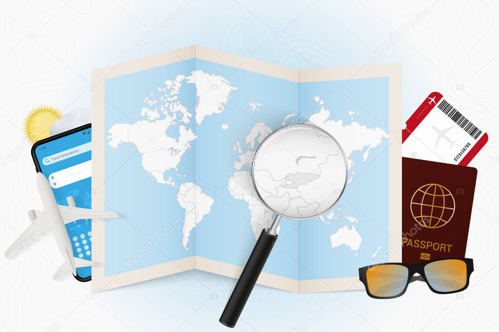 Travel destination Kyrgyzstan, tourism mockup with travel equipment and world map with magnifying glass on a Kyrgyzstan.