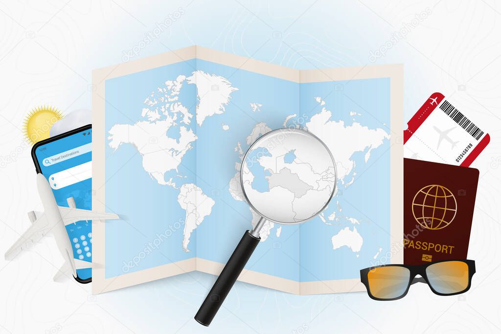 Travel destination Turkmenistan, tourism mockup with travel equipment and world map with magnifying glass on a Turkmenistan.