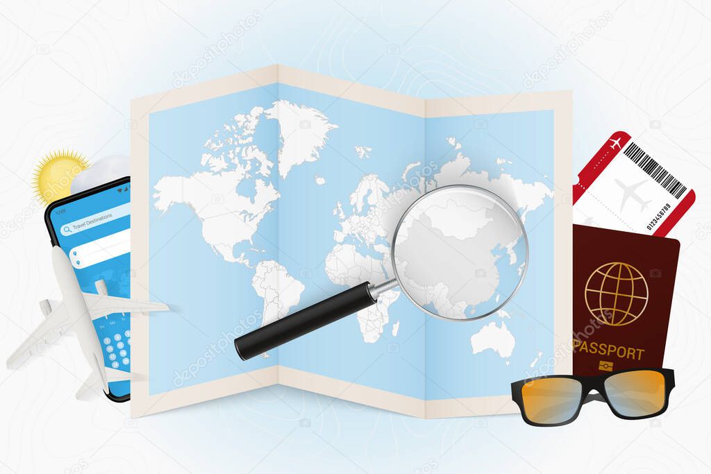 Travel destination China, tourism mockup with travel equipment and world map with magnifying glass on a China.