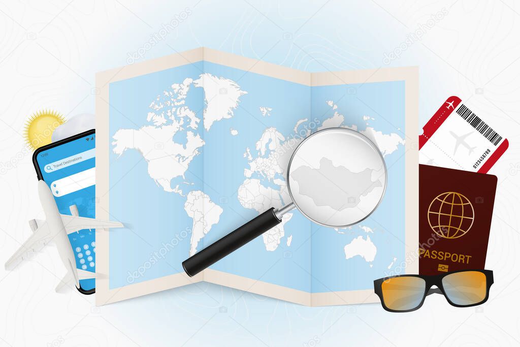 Travel destination Mongolia, tourism mockup with travel equipment and world map with magnifying glass on a Mongolia.