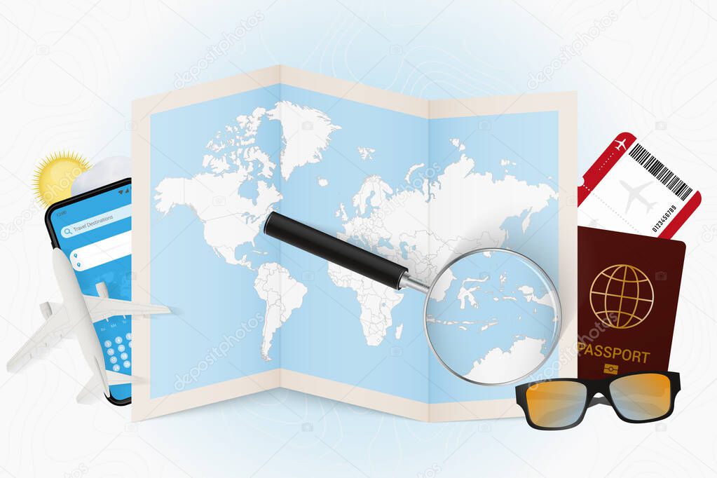 Travel destination East Timor, tourism mockup with travel equipment and world map with magnifying glass on a East Timor.