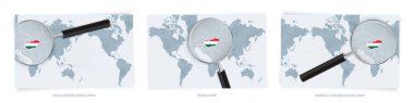 Blue Abstract World Maps with magnifying glass on map of Hungary with the national flag of Hungary. Three version of World Map. clipart