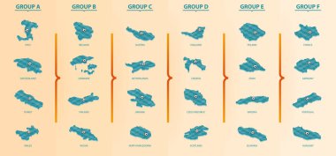 Futbol sahasında Isometric haritası. Futbol yarışmasının haritaları gruba göre sıralanmıştır. Vektör koleksiyonu.