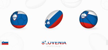 Slovenya bayrağı taşıyan futbol, ragbi ve basketbol sporlarının simgeleri.