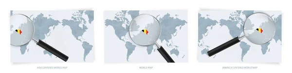 Голубая Абстрактная Карта Мира Лупой Карте Бельгии Национальным Флагом Бельгии — стоковый вектор
