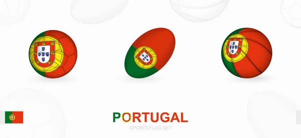 橄榄球和悬挂葡萄牙国旗的篮球运动图标 — 图库矢量图片