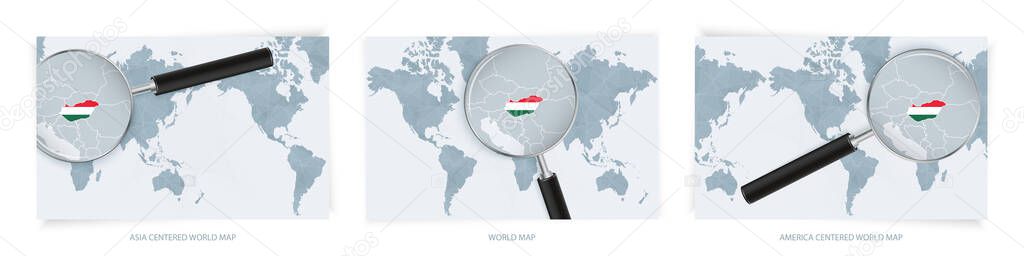 Blue Abstract World Maps with magnifying glass on map of Hungary with the national flag of Hungary. Three version of World Map.