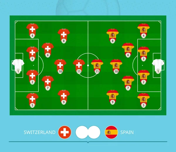 在瑞士对西班牙的足球比赛中 球队更倾向于在足球场上采用排位赛制度 矢量说明 — 图库矢量图片