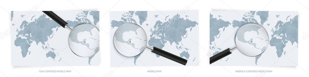 Blue Abstract World Maps with magnifying glass on map of Belize with the national flag of Belize. Three version of World Map.