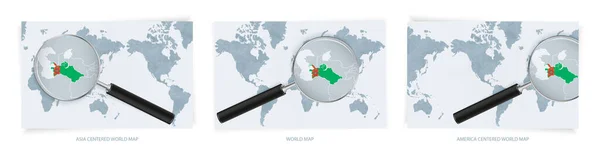 Голубые Абстрактные Карты Мира Лупой Карте Туркменистана Государственным Флагом Туркменистана — стоковый вектор