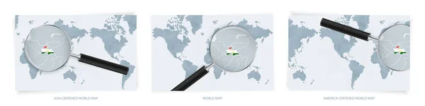 用放大镜绘制的带有塔吉克斯坦国旗的塔吉克斯坦地图蓝色摘要世界地图 世界地图的三个版本 — 图库矢量图片