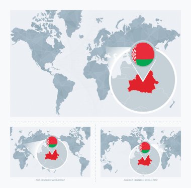 Dünya Haritası üzerinde büyütülmüş Belarus, Beyaz Rusya haritası ve bayrağı ile Dünya Haritasının 3 versiyonu.