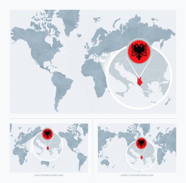Arnavutluk 'u Dünya Haritası, Dünya Haritasının bayraklı ve Arnavutluk haritalı 3 versiyonu üzerine büyüttü.