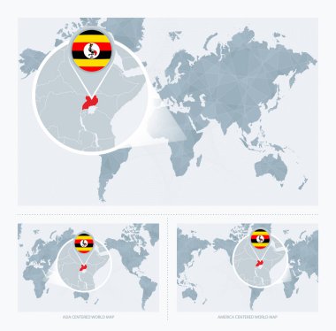 Dünya Haritası üzerinde büyütülmüş Uganda, Uganda haritası ve bayrağı ile Dünya Haritasının 3 versiyonu.
