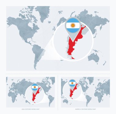 Dünya Haritası üzerinde büyütülmüş Arjantin, Arjantin bayrağı ve haritası ile Dünya Haritasının 3 versiyonu.
