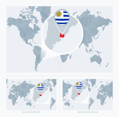 Dünya Haritası üzerinde büyütülmüş Uruguay, Uruguay haritası ve bayrağı ile Dünya Haritasının 3 versiyonu.