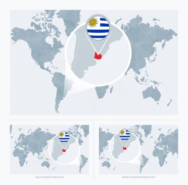 Magnified Uruguay over Map of the World, 3 versions of the World Map with flag and map of Uruguay. clipart