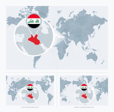 Dünya Haritası üzerinde büyütülmüş Irak, Irak haritası ve bayrağı ile Dünya Haritasının 3 versiyonu.