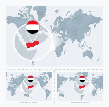 Dünya Haritası üzerinde büyütülmüş Yemen, Yemen haritası ve bayrağı ile Dünya Haritasının 3 versiyonu.