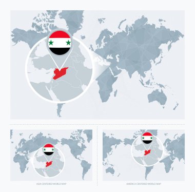 Dünya Haritası üzerinde büyütülmüş Suriye, Suriye bayrağı ve haritası olan Dünya Haritasının 3 versiyonu.