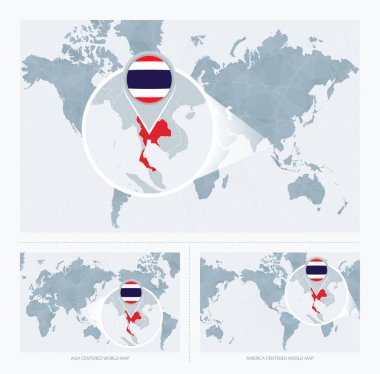 Dünya Haritası Üzerinde Büyütülmüş Tayland, Tayland haritası ve bayrağı ile Dünya Haritasının 3 versiyonu.