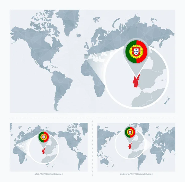 Ampliado Portugal Sobre Mapa Mundo Versões Mapa Mundial Com Bandeira —  Vetores de Stock