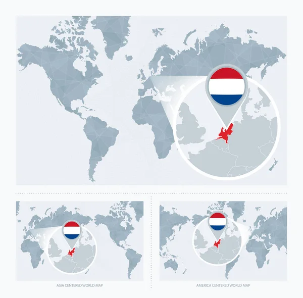 Magnified Netherlands Map World Versions Carte Monde Avec Drapeau Carte — Image vectorielle
