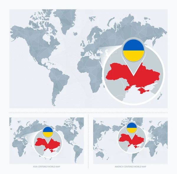 Збільшена Україна Над Мапою Світу Версії Світової Мапи Прапором Мапою — стоковий вектор