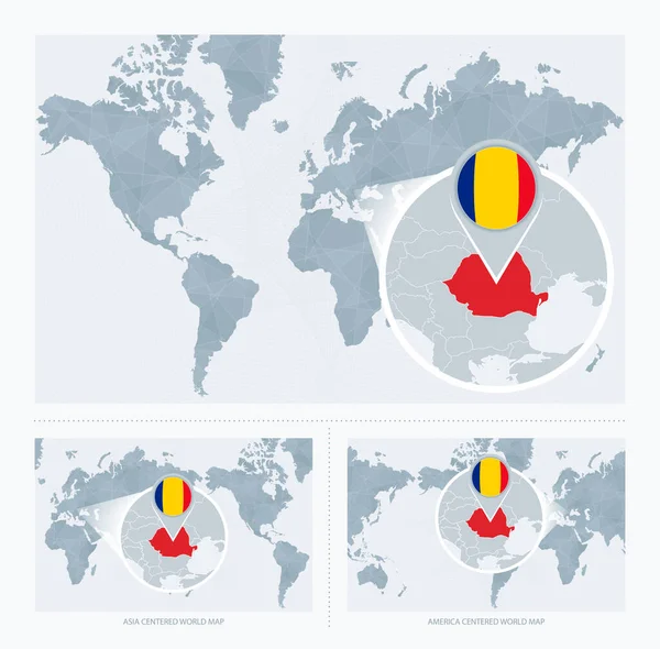 Roumanie Élargie Sur Carte Monde Versions Carte Monde Avec Drapeau — Image vectorielle