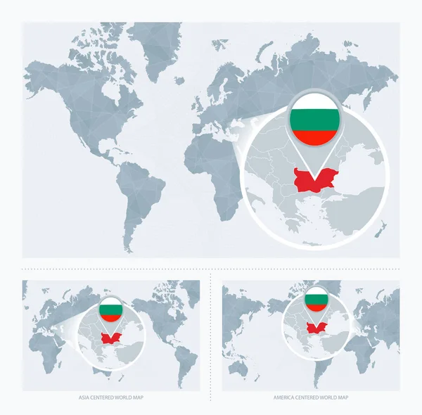 ブルガリアを世界地図上に拡大し ブルガリアの国旗と地図を持つ世界地図の3つのバージョン — ストックベクタ