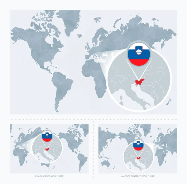 Zvětšené Slovinsko Nad Mapou Světa Verze Mapy Světa Vlajkou Mapou — Stockový vektor