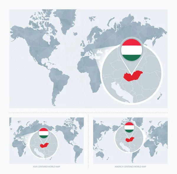 Hongrie Élargie Sur Carte Monde Versions Carte Monde Avec Drapeau — Image vectorielle