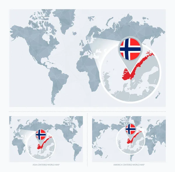 ノルウェーを世界地図上に拡大し ノルウェーの国旗と地図を持つ世界地図の3つのバージョン — ストックベクタ