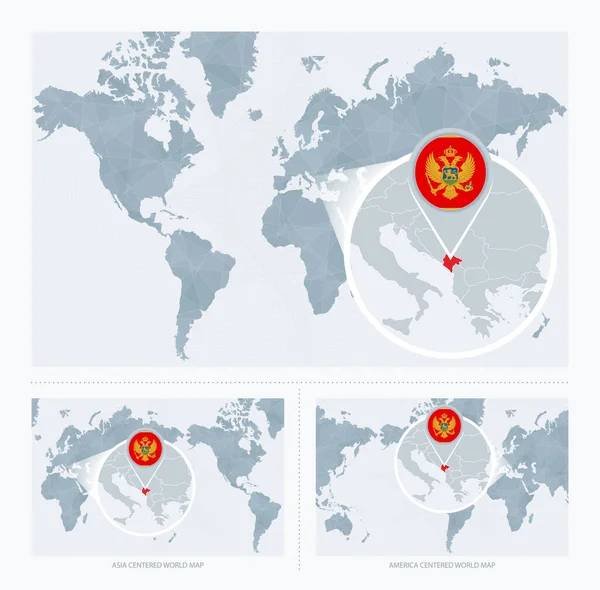 Magnified Montenegro Map World Versions Carte Monde Avec Drapeau Carte — Image vectorielle