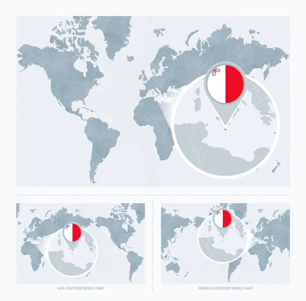 マルタを世界地図上に拡大 世界地図の3バージョン旗とマルタの地図 — ストックベクタ