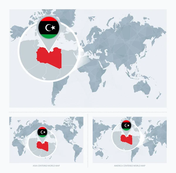 Powiększenie Libii Mapie Świata Wersje Mapa Świata Flagą Mapą Libii — Wektor stockowy