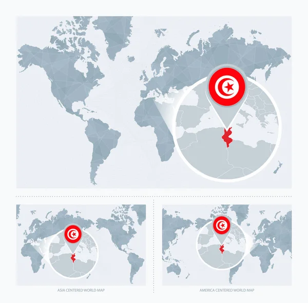 将突尼斯放大 使其超过世界地图 3版附有突尼斯国旗和地图的世界地图 — 图库矢量图片