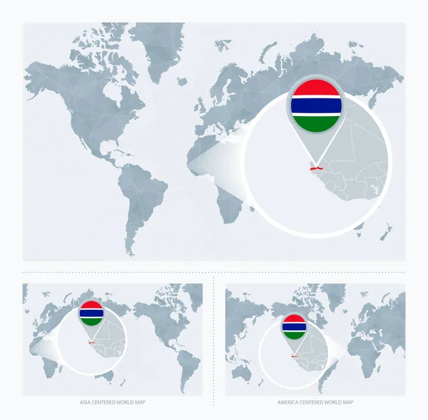 Gambia Magnificado Sobre Mapa Del Mundo Versiones Del Mapa Del — Archivo Imágenes Vectoriales