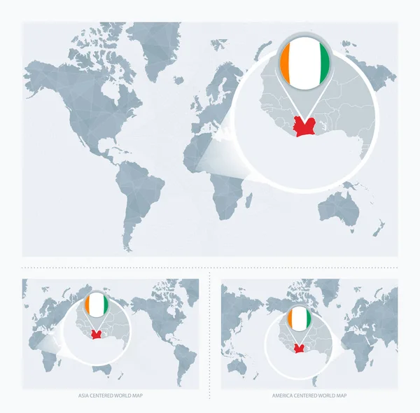 世界地図上の拡大された象牙海岸 象牙海岸の旗と地図で世界地図の3つのバージョン — ストックベクタ