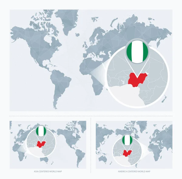 Magnificado Nigeria Sobre Mapa Del Mundo Versiones Del Mapa Del — Vector de stock