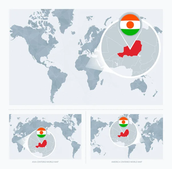 ニジェールを世界地図上に拡大 世界地図の3つのバージョンニジェールの旗と地図 — ストックベクタ