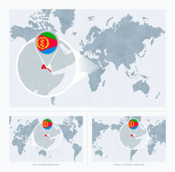 Eritreia Ampliada Sobre Mapa Mundo Versões Mapa Mundial Com Bandeira — Vetor de Stock