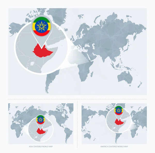 Etiopía Magnificada Sobre Mapa Del Mundo Versiones Del Mapa Del — Vector de stock