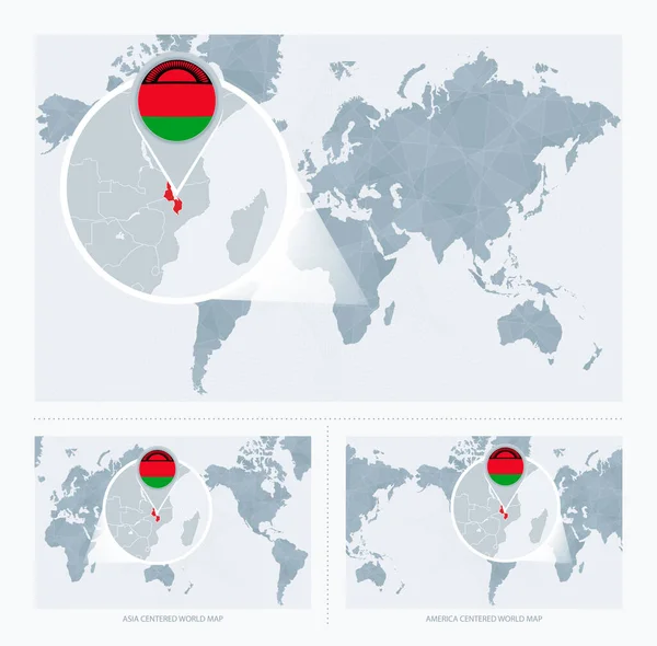 Vergroot Malawi Kaart Van Wereld Versies Van Wereldkaart Met Vlag — Stockvector