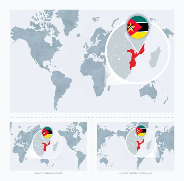 通过世界地图扩大莫桑比克版图 3个版本的世界地图 附有莫桑比克国旗和地图 — 图库矢量图片