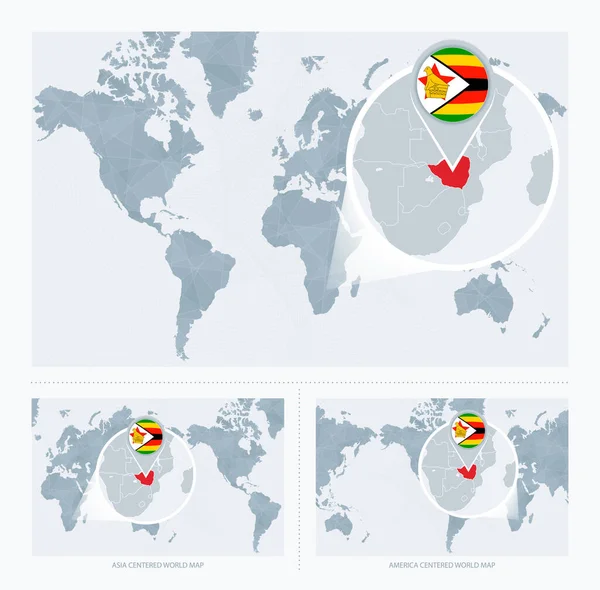 Ampliado Zimbábue Sobre Mapa Mundo Versões Mapa Mundial Com Bandeira —  Vetores de Stock