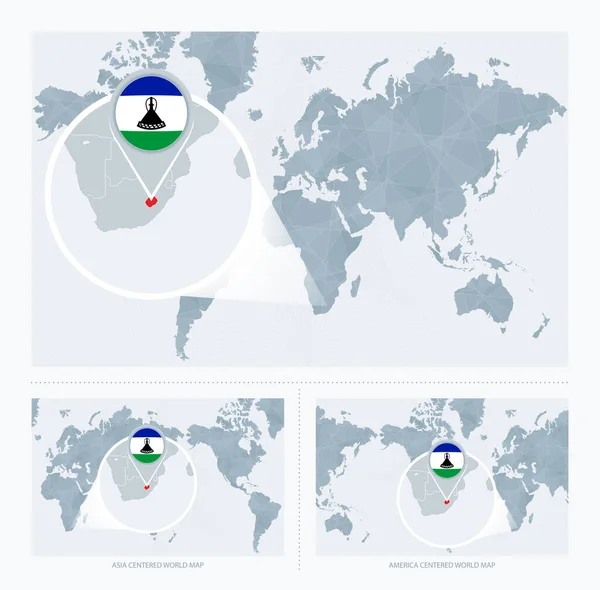 Lesoto Ampliado Sobre Mapa Mundo Versões Mapa Mundial Com Bandeira —  Vetores de Stock