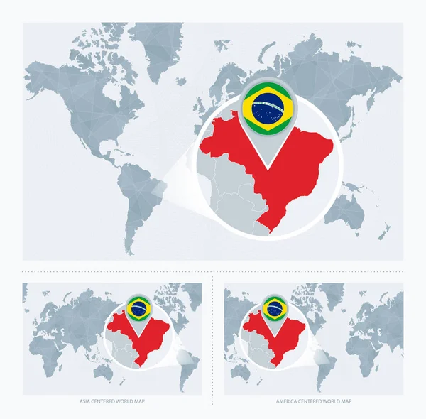 Ampliado Brasil Sobre Mapa Mundo Versões Mapa Mundial Com Bandeira —  Vetores de Stock