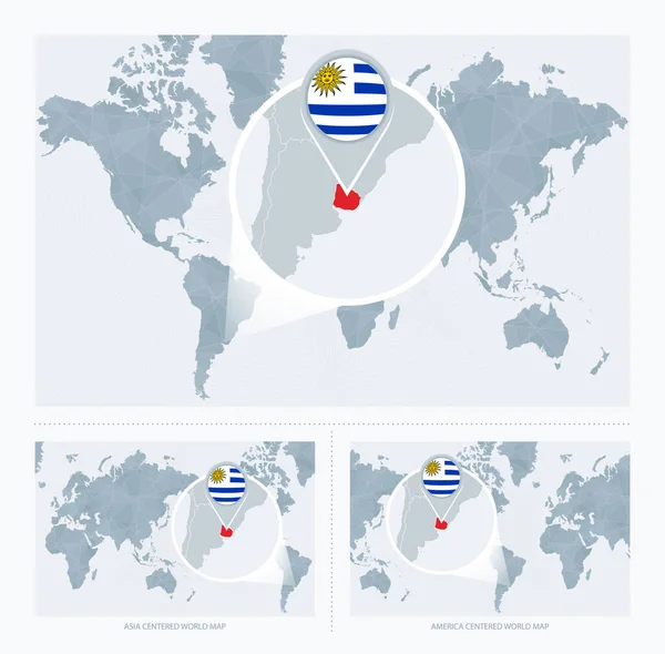 Nagyított Uruguayi Térkép Világ Térképén Világtérkép Verziója Uruguay Zászlajával Térképével — Stock Vector