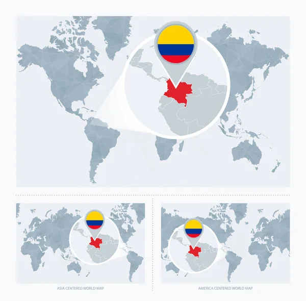 Dünya Haritası Üzerinde Büyütülmüş Kolombiya Kolombiya Bayrağı Haritası Ile Dünya — Stok Vektör